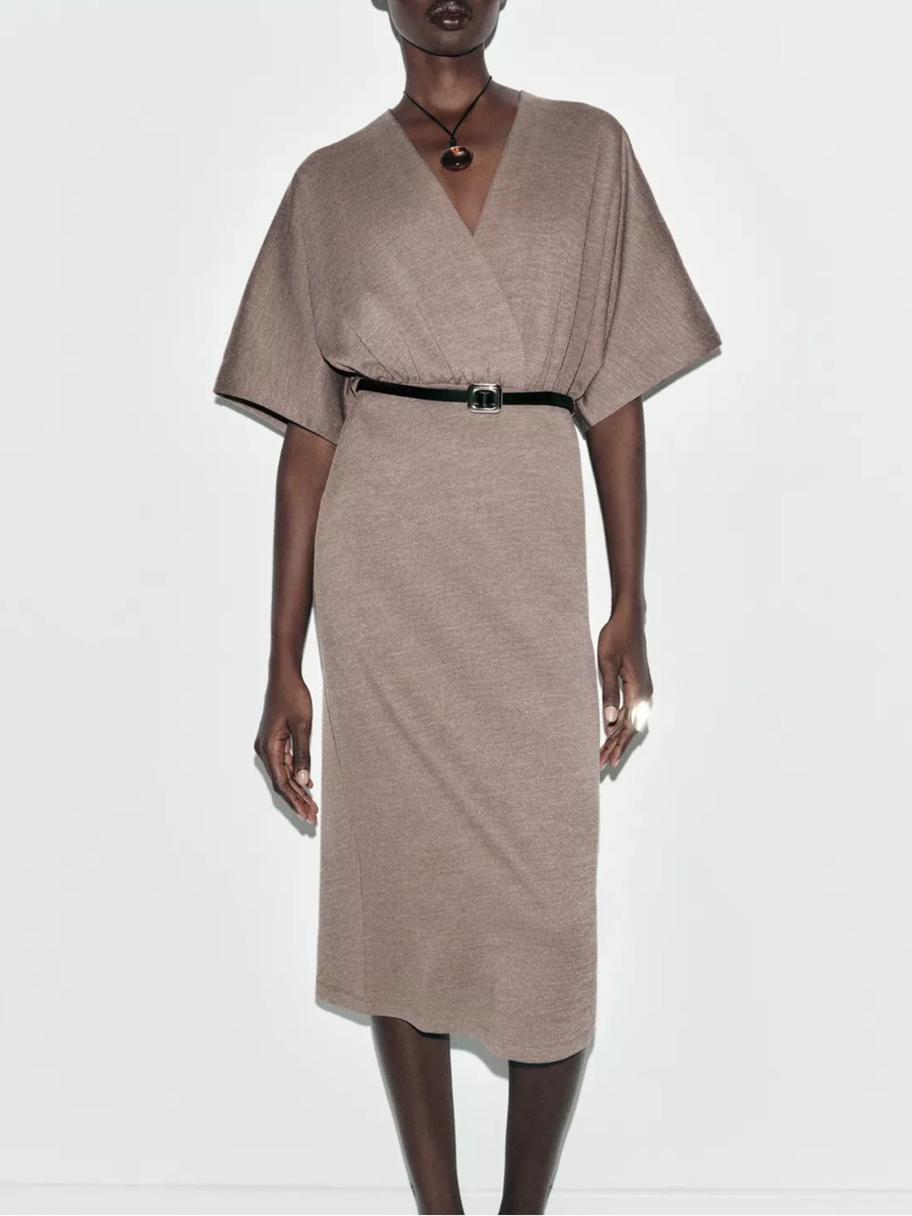 Zara NWT  Taupe tan Knit Wrap Midi Dress belted pique dress